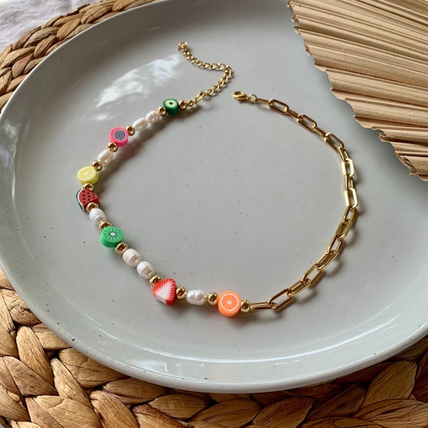 Preppy Fruit Choker Freshwater pearl necklace chain Colorful Beaded Necklace Pearl Necklace Colorful Pearl Necklace Rainbow Necklace