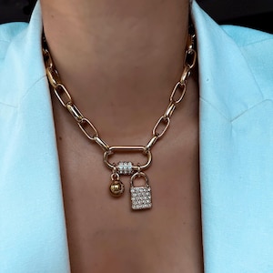Carabiner Necklace | Gold Chunky Paperclip Choker Necklace Green Clover Charm Necklace Pink Heart Charm Back To School Preppy Necklace