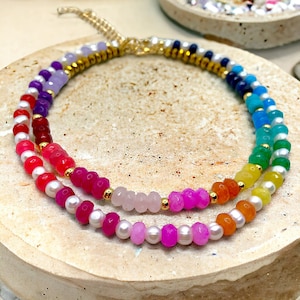 Rainbow Stones Necklace | Layering Necklace Colorful Rainbow Beaded Necklace With Pearls Beach Necklace Vacay Necklace Gift For Her