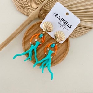 Coral Branch Dangle Earrings | Pink Beaded Earrings Large Gold Scallop Stud Earrings Turquoise Earrings Aesthetic Jewelry Handmade Jewelry