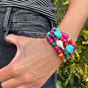 Sunset Gemstone Bracelet Set: Pink Jade, Malachite, Turquoise | Jewelry Gifts
