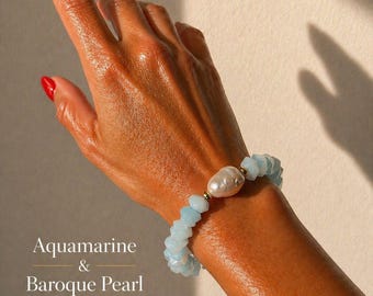 Nugget Gemstone & Baroque Pearl Bracelet | Amazonite Bracelet | Aquamarine Bracelet | Aventurine Bracelet | Kunzite Bracelet | Rhodonite