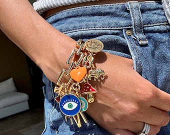 Gold Multi-Charm Bracelet: Enamel Charms, Customizable Length | Jewelry Gifts Jewelry Gift Resort Jewelry | Galentine's Gift | Ocean Jewelry