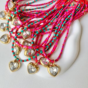 Crystal Beaded Necklace | Crystal Heart Charm Beaded Layering Necklace For Women Beach Necklace Resort Necklace Summer Necklace