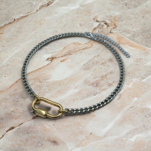Gold carabiner lock charm necklace Silver Cuban chain necklace with Gold carabiner clasp Carbiner clasp necklace Duo tone necklace chain