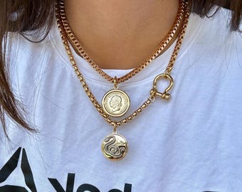 2 Gold Coin Necklaces Set | Snake Charm Necklace | Horseshoe Clasp Necklace Gold Layered Necklaces | Statement Necklace Charm Jewelry Gift