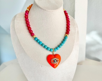Orange Evil Eye Heart Charm Necklace | Gemstone Necklace | Beaded Colorful Necklace | Mixed Stones Necklace | Beach Necklace | Summer Gift