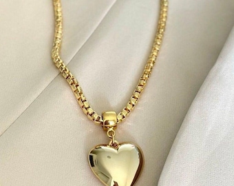 Bubble Gold Love Puff Heart Necklace | Christmas Jewelry Gift | Statement Puffed Heart Charm Necklace | Gold Round Boxchain | Jewelry Gifts