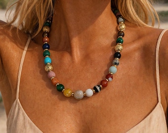 18" Mixed Gemstone Necklace | Compass Necklace | Gift for Traveller Lover | Statement Necklace | Crystal Necklace | Gift for Her