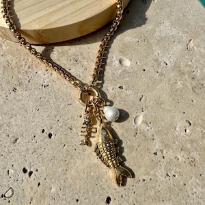 Fish Charm Necklace | Fish Bone Charm Gold Chain | Multi Charm Fish Necklace | Venetian Chain Necklace | Carabiner Necklace |