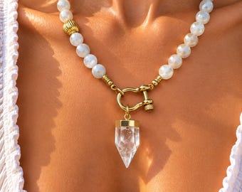 Pointed Clear Quartz Horseshoe Clasp Necklace | Modern Gemstone Necklace | Rhodonite Stone Necklace | Green Moss Agate Necklace