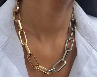 Mixed Metals Chunky Chain | Chunky Gold and Silver Padlock Chain Necklace | Half Gold and Half Silver Necklace | Trendy Statement Necklace