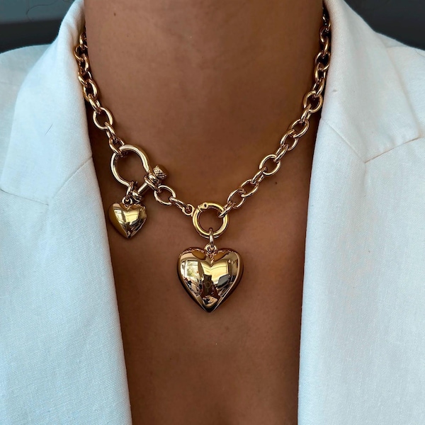 Collier à fermoir fer à cheval doré à bulles | Collier double coeurs bouffants dorés | Collier tendance épais | Cadeaux de bijoux Cadeaux de bijoux