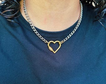 Collar de metales mixtos / Collar con cierre de mosquetón de herradura / Collar con cierre de mosquetón de corazón / Regalos de joyería / Regalo de Galentine