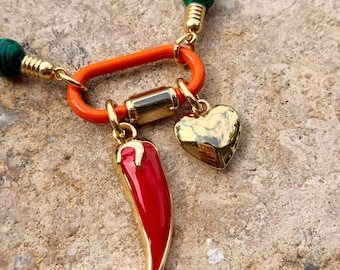 18" Custom Charm Necklace | Orange Carabiner Clasp Necklace | Malachite Beaded Carabiner Charm Necklace | Pick 2 Charms Of Your Choice