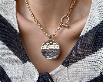 Hammered Medallion Necklace: Mixed Metals Statement Charm | Christmas Jewelry Gift | Jewelry Gifts Jewelry Gift Resort Jewelry