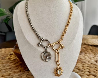Mixed Metals Necklace with Charms | Sun and Moon Charm Necklace: Two-Tone Carabiner Chain | Jewelry Gifts Jewelry Gift Resort Jewelry