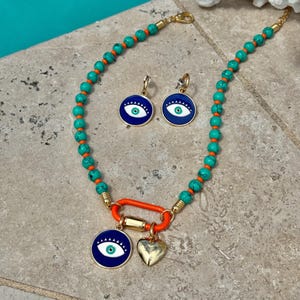 Beaded Cluster Charm Necklace |Evil Eye Carabiner Charms Necklace | Gemstone Carabiner Clasp Necklace | Colorful Beaded Summer Necklace