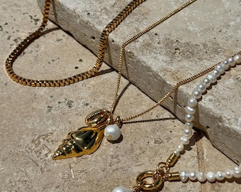 Conch Charm Necklace: Freshwater Pearl, Box Chain Choker | Jewelry Gifts Jewelry Gift Resort Jewelry | Galentine's Gift | Wholesale Jewelry
