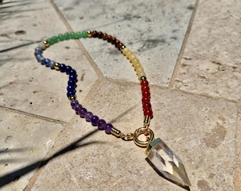 7 Chakras Gemstone Necklace | Crystal Quartz Point Charm | Colorful Gemstone Beaded Necklace  | Christmas Jewelry Gift | Jewelry Gifts