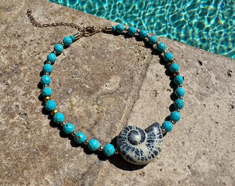 Nautilus Shell Necklace | Turquoise Beaded Boho Choker | Handmade Necklace  | Christmas Jewelry Gift | Jewelry Gifts Jewelry Gift