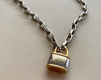 Gold Paperclip Chain with Pink Lock Charm Necklace: Customizable Length, Hypoallergenic | Jewelry Gifts Jewelry Gift Resort Jewelry