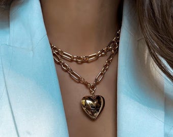 Bubble Gold Puffy Heart Necklace: Long Chain Belt Jewelry Gift Resort Jewelry | Galentine's Gift