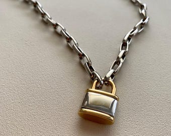 Collar con candado de metales mixtos / Cadena con candado de oro y plata / Collar con dije grueso / Collar con candado
