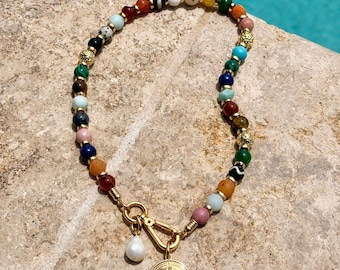 18" Mixed Gemstone Necklace | Compass Necklace | Gift for Traveller Lover | Statement Necklace | Crystal Necklace | Gift for Her