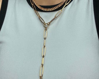 Lariat Necklace Set Combo - Gold Boxchain Choker - Gold Large Links Paperclip Y Shape Necklace - Ball Charm Necklace Gold Necklace Gift Set