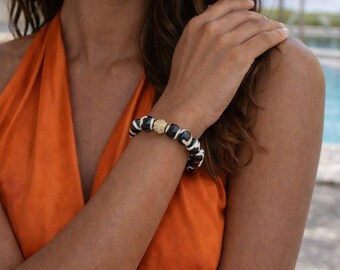 Ruyi Pattern dZi Bracelet 10mm: Tibetan Style Black Agate, Pave Gold Bead accent Black Dyed Agate Band, Black Elastic Bracelet Gift for Her