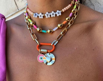 Orange Carabiner Necklace | Chunky Paperclip Choker Necklace Evil Eye Charm Necklace Beach Necklace Colorful Charm Necklace Cute Necklace