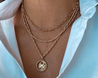 Rope chain Necklace with Moon and Star Charm | Gold Layered Necklace Set: Moon Star Pendant, Paperclip & Rope Chain | Jewelry Gifts