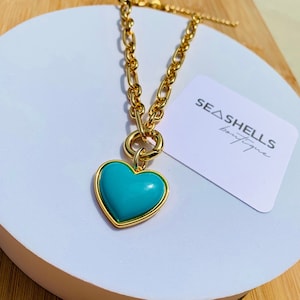 Turquoise Heart Pendant | Charm Necklace Gold Spring Lock Clasp Chain Necklace Heart Necklace For Women Teal Jewelry Cute Necklace