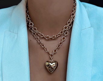 Bubble Gold Puffy Heart Chain Necklace: Long Layered Love Heart | Jewelry Gifts Jewelry Gift Resort Jewelry | Galentine's Gift