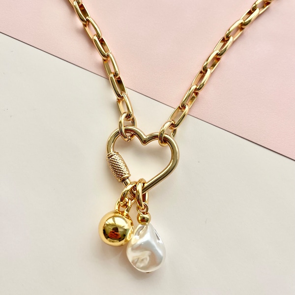 Heart Carabiner Necklace | Gold Paperclip Link Chain | Love Heart Charm Necklace| Gift for Mom