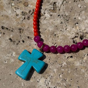 Turquoise Cross Necklace: Fuchsia, Blue Jade & Orange Howlite Beaded Necklace
