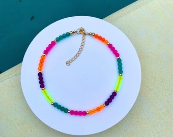 Glass Beaded Necklace | Layering Necklace Colorful Rainbow Beaded Necklace With Glass Beads Beach Necklace Vacay Necklace Gift For Her