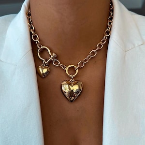 Gold Puff Heart Necklace | Heart Necklace, Puffy Heart Necklace, Puffed Heart Pendant, Chunky Heart Pendant, Front Clasp Charm Holder