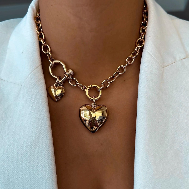 Gold Puff Heart Necklace | Heart Necklace, Puffy Heart Necklace, Puffed Heart Pendant, Chunky Heart Pendant, Front Clasp Charm Holder
