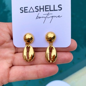 gold cowrie shell earrings Turquoise cowrie shell earrings Ivory shell earrings Aesthetic gold shell Jewelry Boho cowrie shell earrings