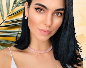 Rose Quartz Choker Necklace | Rose Quartz Gemstone Necklace Bohemian Jewelry Pink Choker Necklace Rose Quartz Beaded Choker Gift For Her