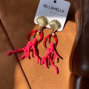 Coral branch dangle earrings Pink beaded earrings Large gold scallop stud earrings Turquoise earrings Aesthetic Jewelry Handmade Jewelry