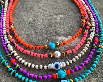 Evil Eye Bead Necklace | Color Seed Beads Necklace Beads Boho Festival Multicolor Choker Summer Bohemian Layering Mixed Beads Choker.