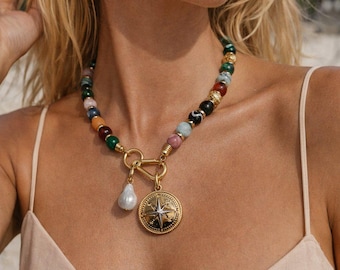 18" Mixed Gemstone Necklace | Compass Necklace | Gift for Traveller Lover | Statement Necklace | Crystal Necklace | Gift for Her