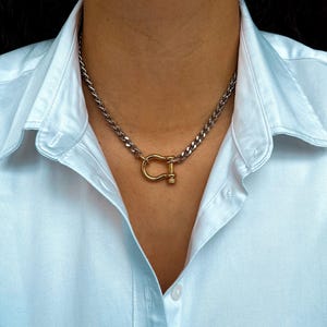 Gold carabiner lock charm necklace Silver Cuban chain necklace with Screw Marine Shackle Horseshoe Clasp Anchor Carabiner Anchor Shackle