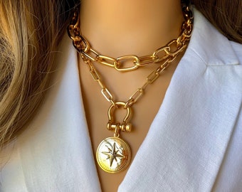 Compass Necklace | Gold Compass Charm Pendant Gift For Traveler Nautical Gift Gift For Captain Rosewind Necklace Paperclip Necklace