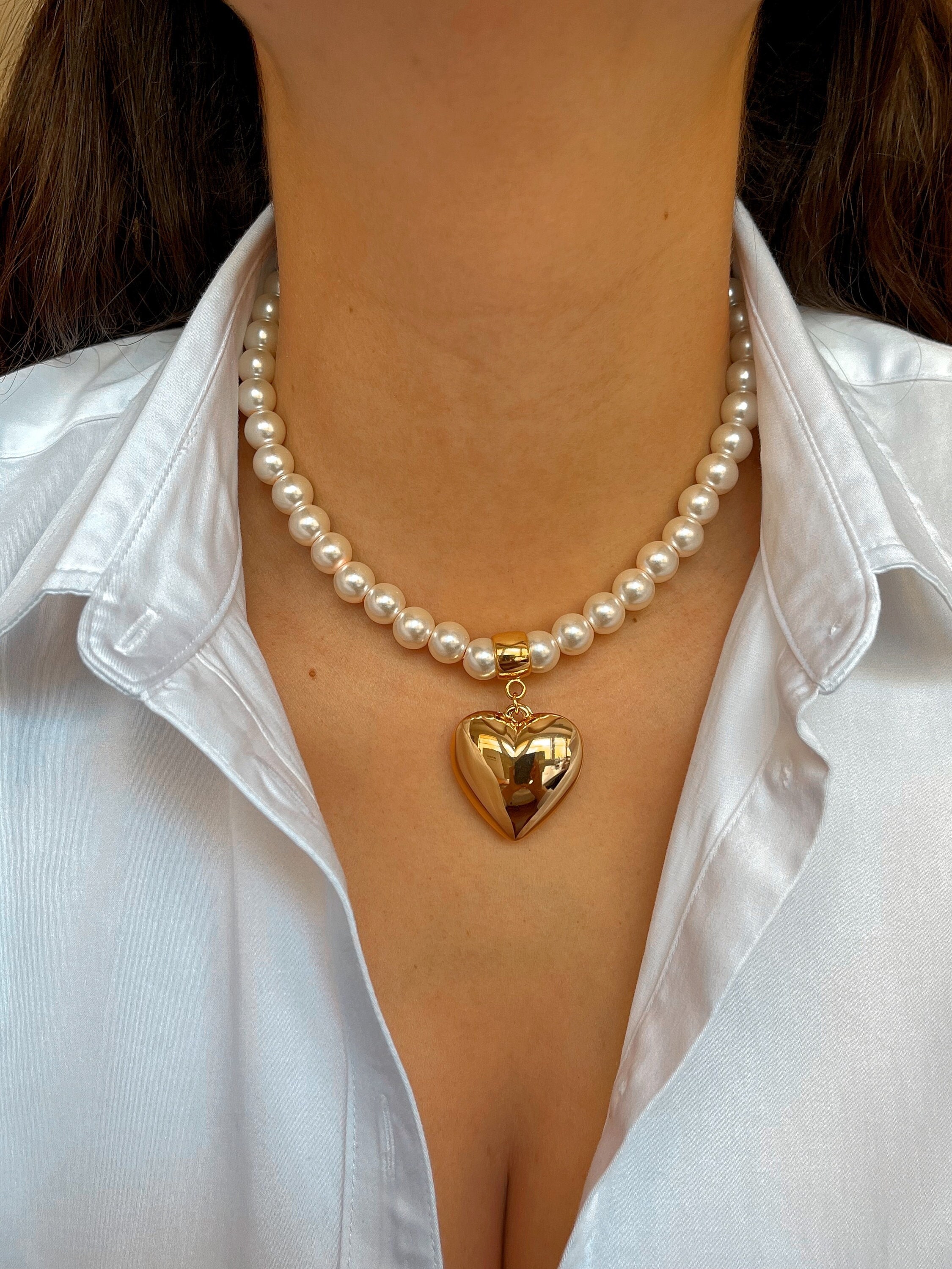 Bubble Puffed Heart Pearl Pendant Necklace: 18k Gold Charm