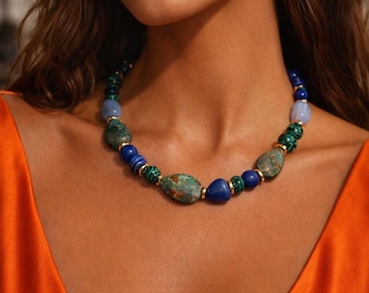 Green & Blue Necklace and Bracelet Beaded Bracelets | Gemstone Bracelets | Gemstone Necklace Colorful Necklace Green Necklace Blue Necklace