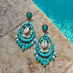 Turquoise Chandelier Earrings | Oversized Dangle Earrings | Large Bohemian Beaded Chandelier Earrings Aesthetic Jewelry Handmade Jewelry